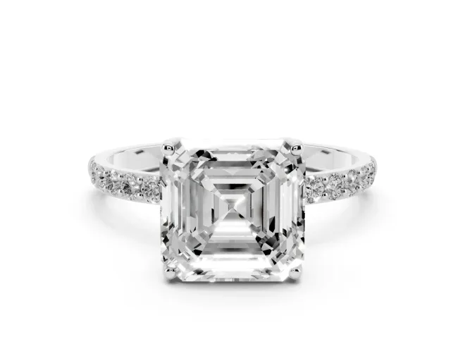 Asscher Cut Diamond Solitaire Engagement Ring Set in Silver with Round Pavé Band and Prong Setting