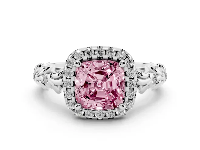 Cushion Cut Leaf Halo Engagement Ring Setting for a Fancy Pink Lab-Grown Diamond | Bezel Accents | Sterling Silver