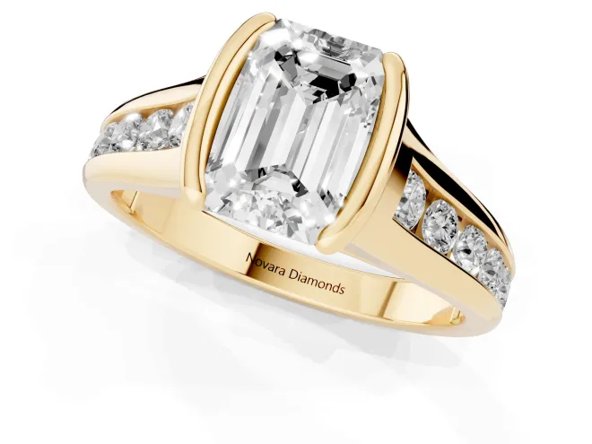 Emerald Cut Diamond Bezel-Set Solitaire Ring Set in Yellow gold with Channel-Set Band – second view