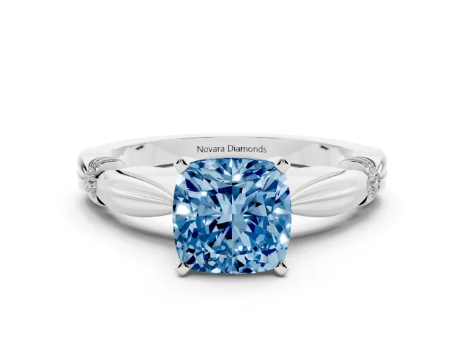 Fancy Blue Cushion Cut Diamond Solitaire Twisted Band Ring Set in White gold with Accent Stones and Prong Setting