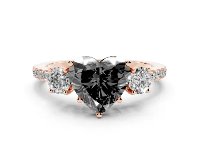 Heart-Shaped Three Stone Engagement Ring Setting for a Black Center | Pavé Shoulders | Rose Gold