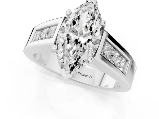 Marquise Cut Diamond Solitaire Ring Set in White gold with Channel-Set Accent Stones and Prong Setting – second view