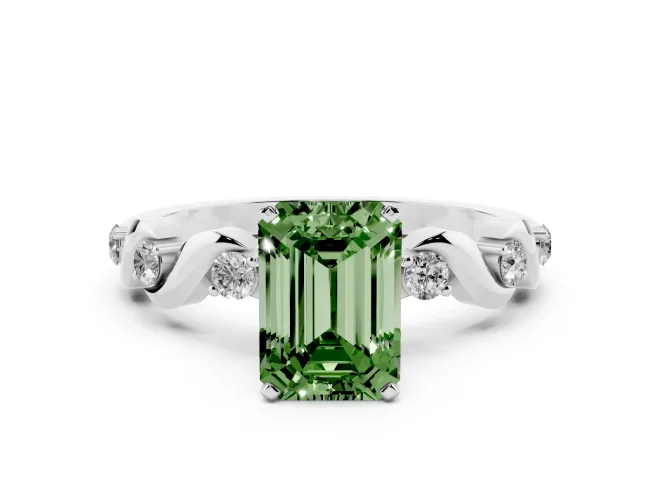 Fancy Green Emerald Cut Diamond Solitaire Ring Set in White gold with Ribbon Twist Band, Round Accents and Prong Setting