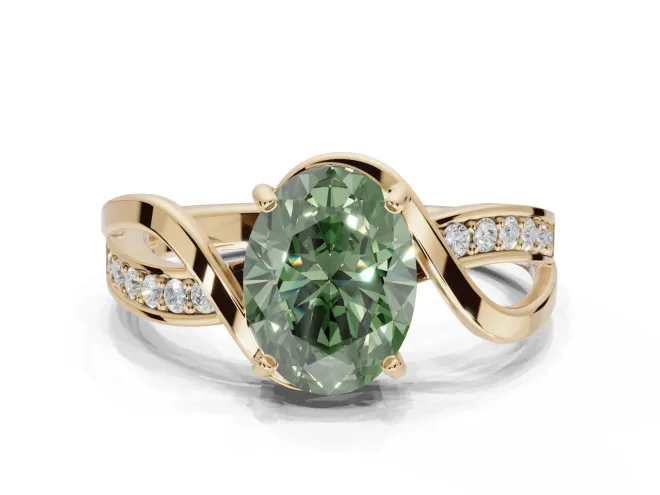 Oval Bypass Solitaire Engagement Ring Setting for a Fancy Green Lab-Grown Diamond | Pavé and Plain Strands | Yellow Gold