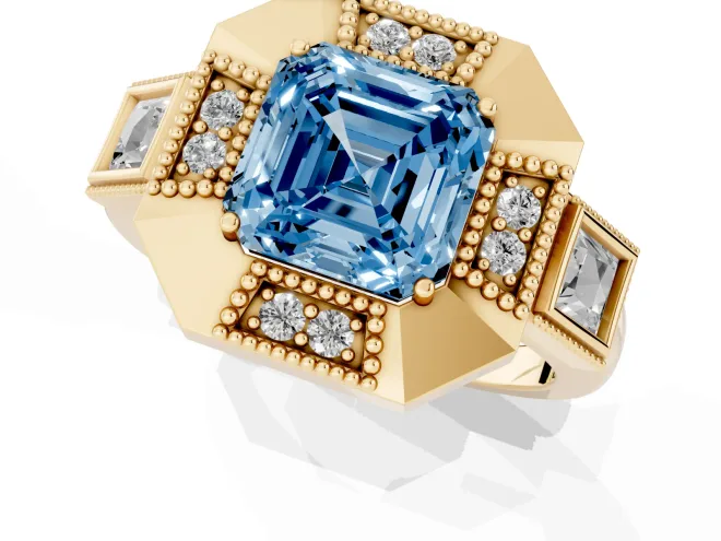 Fancy Blue Asscher Cut Diamond Milgrain Halo Ring Set in Yellow gold with Split Shank – second view