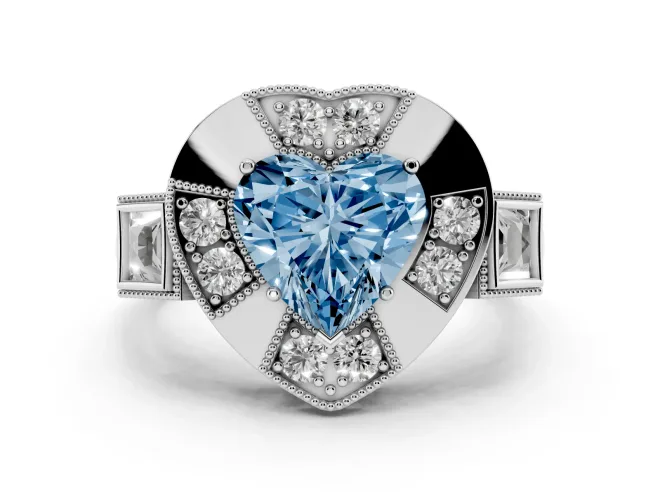 Fancy Blue Heart Cut Diamond Milgrain Halo Ring Set in White gold with Split Shank