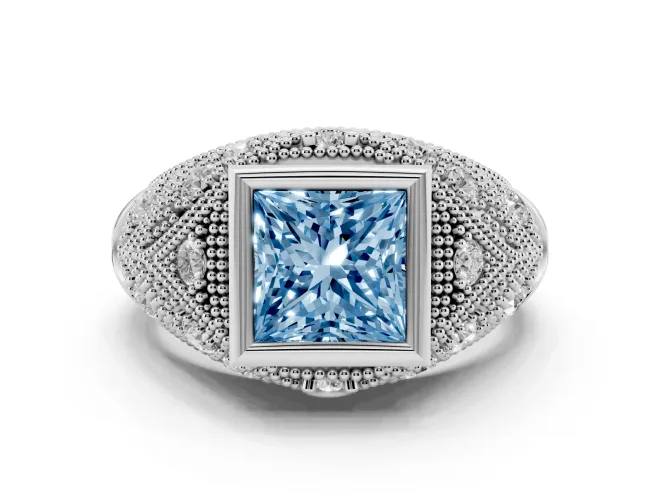 Fancy Blue Princess Cut Diamond Bezel Ring Set in Silver with Milgrain Accent Band