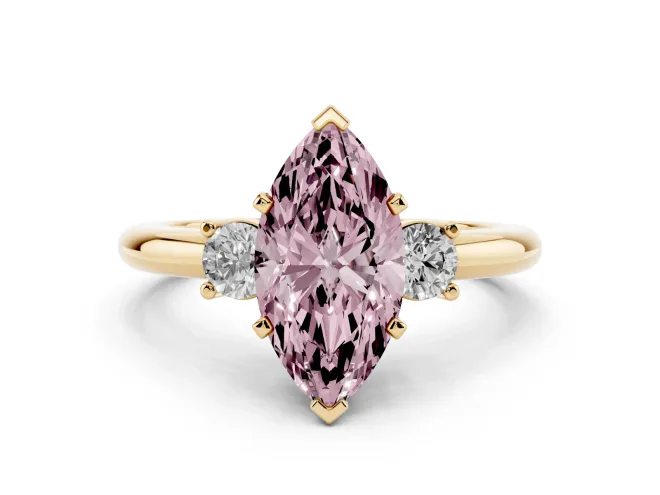 Marquise Three Stone Engagement Ring Setting for a Fancy Pink Lab-Grown Diamond | Round Side Stones | Yellow Gold