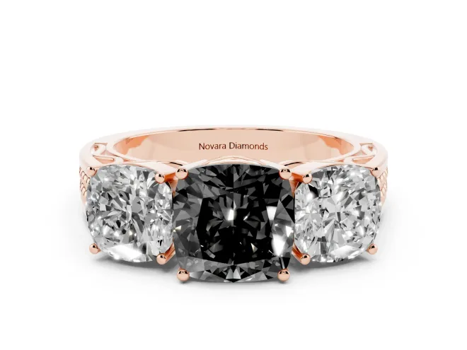 Cushion Cut Three Stone Engagement Ring Setting for a Black Center | Beaded Shoulders | Rose Gold
