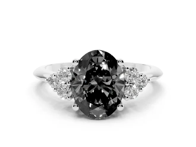 Fancy Black Oval Cut Diamond Cluster Ring Set in Silver with Plain Band and Prong Setting