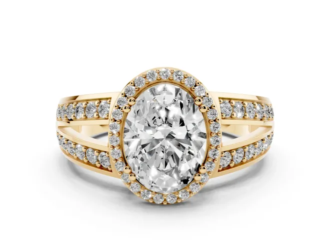 Oval Halo Engagement Ring Setting | Two-Row Pavé Split Shank | Yellow Gold