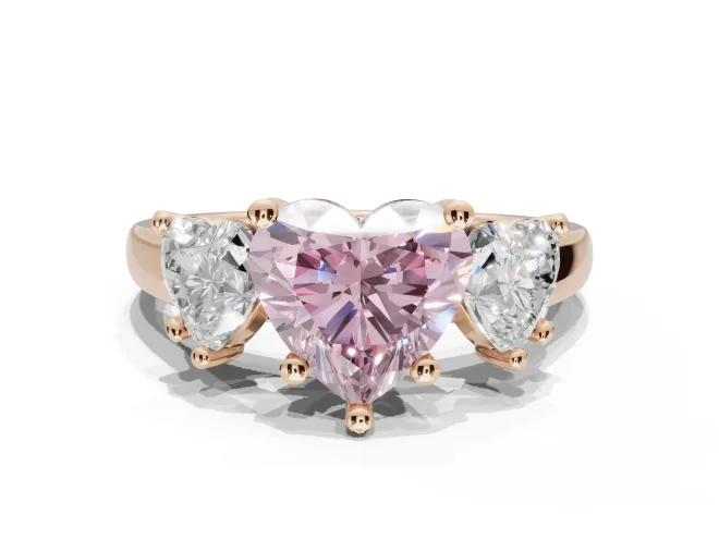 Heart-Shaped Three Stone Engagement Ring Setting for a Fancy Pink Lab-Grown Diamond | Wide Tapered Shoulders | Rose Gold