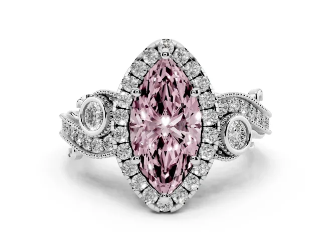 Fancy Pink Marquise Cut Diamond Halo Ring Set in Platinum with Milgrain Pavé Band and Prong Setting