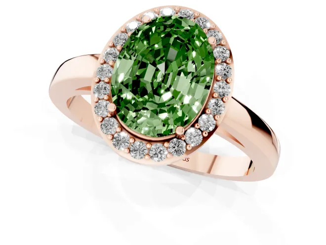 Fancy Green Oval Cut Diamond Halo Ring Set in Rose gold with Solitaire Band and Prong Setting – second view