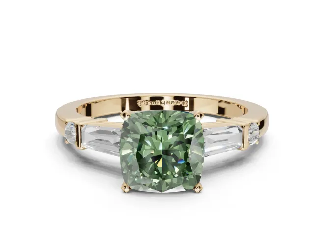 Cushion Cut Tapered Baguette Engagement Ring Setting for a Fancy Green Lab-Grown Diamond | Bar Set Sides | Yellow Gold