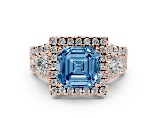 Asscher Cut Halo Split Shank Engagement Ring Setting for a Fancy Blue Lab-Grown Diamond | Round Side Stones | Rose Gold