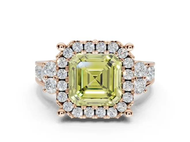 Asscher Cut Halo Engagement Ring Setting for a Fancy Yellow Lab-Grown Diamond | Graduated Channel Band | Rose Gold
