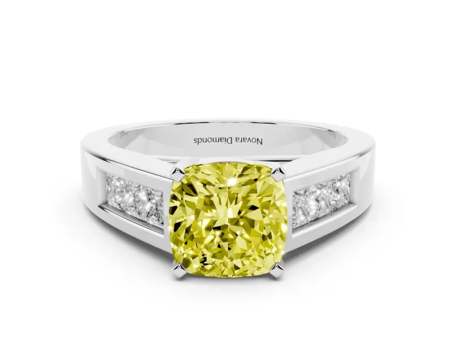 Fancy Yellow Cushion Cut Diamond Solitaire Ring Set in White gold with Channel-Set Accent Stones and Prong Setting