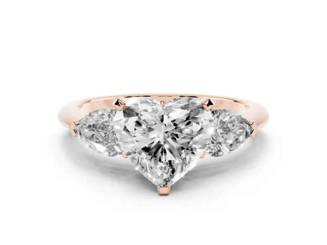 Heart-Shaped Three-Stone Engagement Ring Setting | Pear Side Stones | Rose Gold
