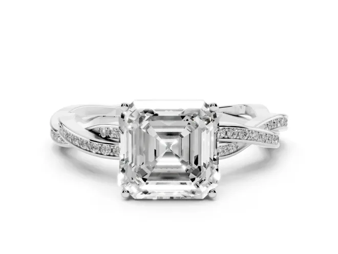 Asscher Cut Diamond Solitaire Twisted Pavé Ring Set in Silver with Prong Setting