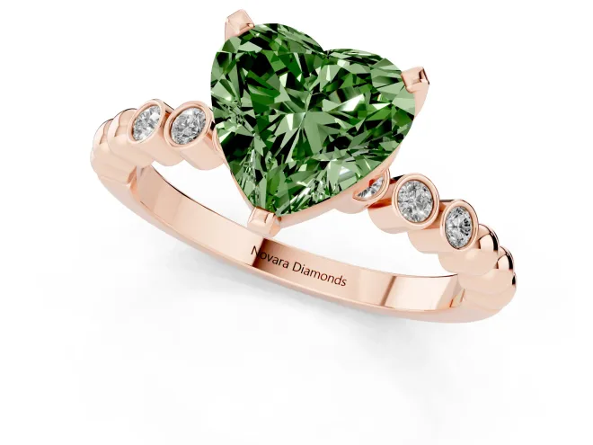Fancy Green Heart Cut Diamond Solitaire Engagement Ring Set in Rose gold with Bezel Accents on Beaded Band – second view