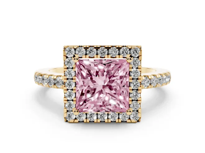 Princess Cut Halo Engagement Ring Setting for a Fancy Pink Lab-Grown Diamond | Shared Prong Pavé Band | Yellow Gold