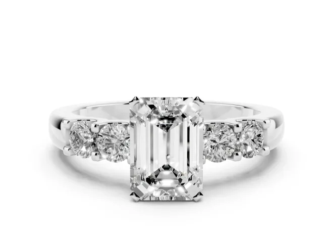Emerald Cut Diamond Five-Stone Prong Set Engagement Ring Set in White gold with Channel Band