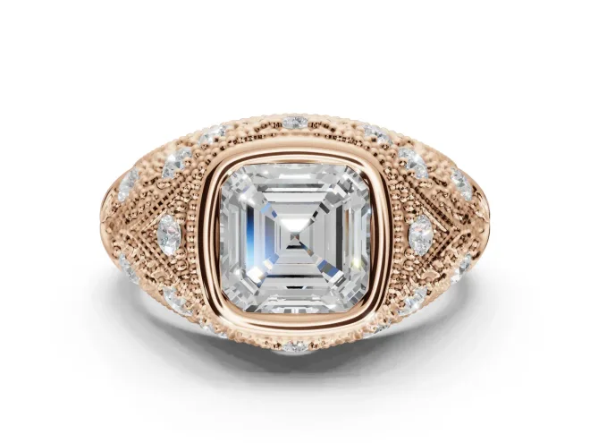 Asscher Cut Vintage Bezel Engagement Ring Setting | Beaded Paisley Shoulders | Rose Gold