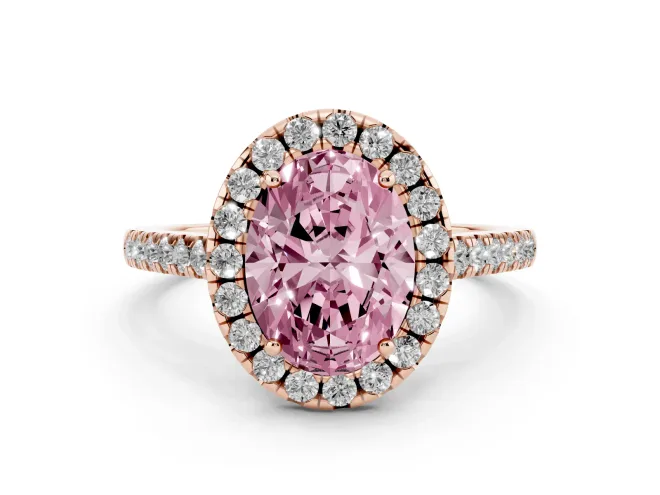 Oval Raised Halo Engagement Ring Setting for a Fancy Pink Lab-Grown Diamond | Pavé Band | Rose Gold