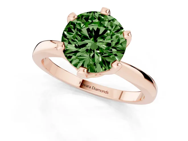 Fancy Green Round Cut Diamond Solitaire Engagement Ring Set in Rose gold with Slim Tapered Solitaire Band – second view