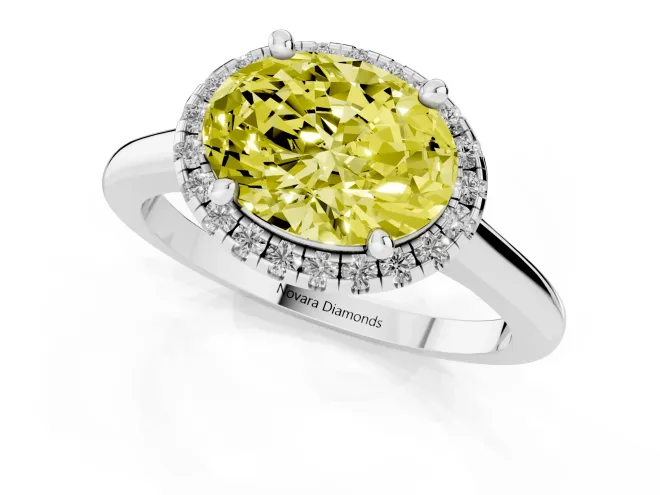 Fancy Yellow Oval Cut Diamond Halo Engagement Ring Set in White gold with Pavé Band and Rising Shoulders – second view