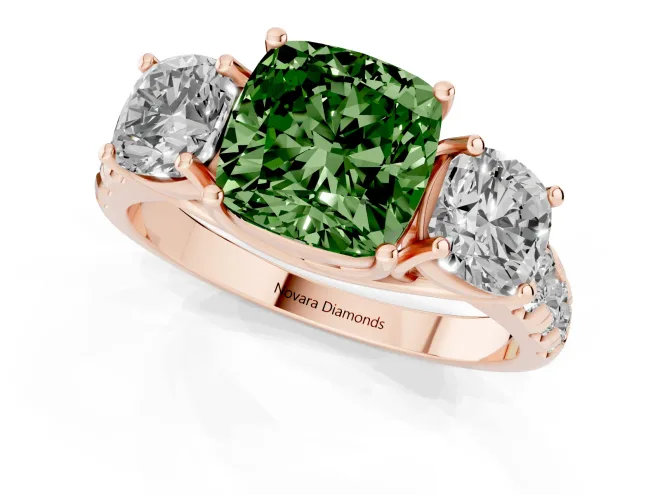 Fancy Green Cushion Cut Diamond Three-Stone Ring Set in Rose gold with Pavé Band – second view