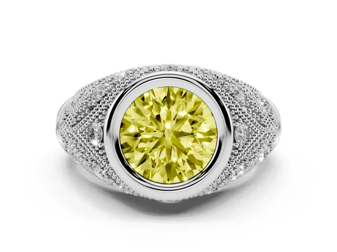 Fancy Yellow Round Cut Diamond Bezel Ring Set in Platinum with Milgrain Accent Band