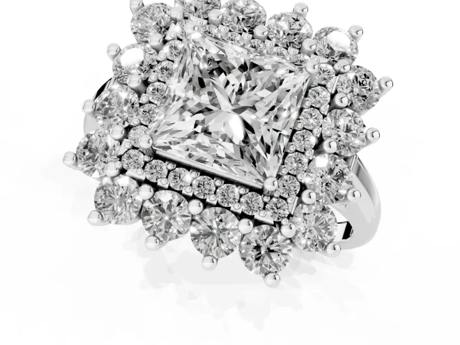 Princess Cut Diamond Floral Double Halo Ring Set in Platinum with Round Petals – second view
