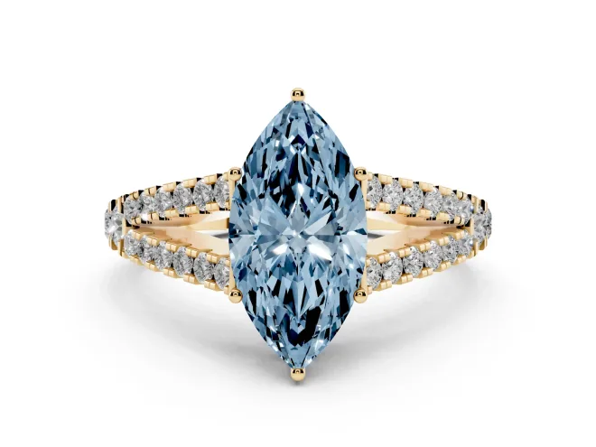 Fancy Blue Marquise Cut Diamond Split Shank Pavé Engagement Ring Set in Yellow gold with Prong-Held Center Stone