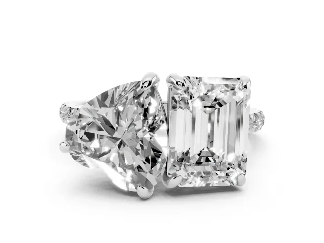 Emerald Cut and Heart-Shaped Lab-Grown Diamond Toi et Moi Engagement Ring | Pavé Band | White Gold