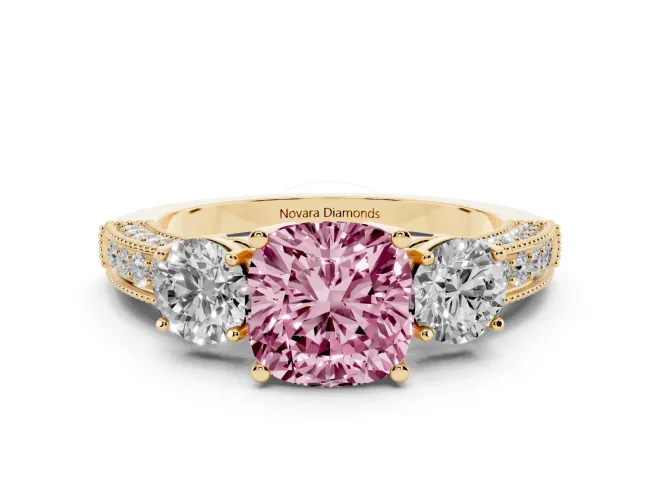 Cushion Cut Three Stone Engagement Ring Setting for a Fancy Pink Lab-Grown Diamond | Graduated Pavé Band | Yellow Gold
