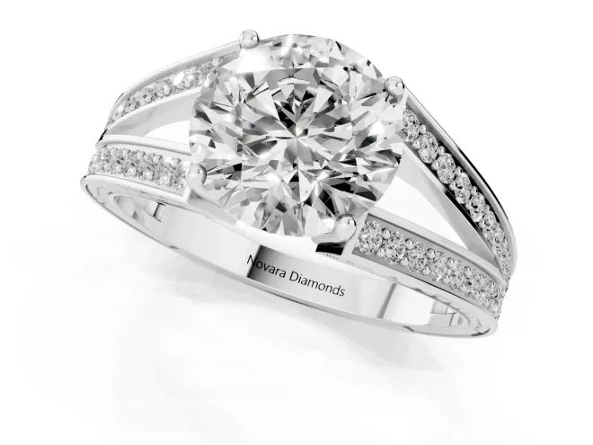 Round Cut Diamond Split Shank Ring Set in Silver with Pavé Band and Prong Setting – second view