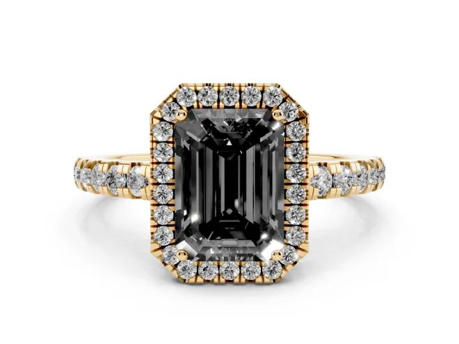 Fancy Black Emerald Cut Diamond Halo Ring Set in Yellow gold with Delicate Pavé Band and Prong Setting