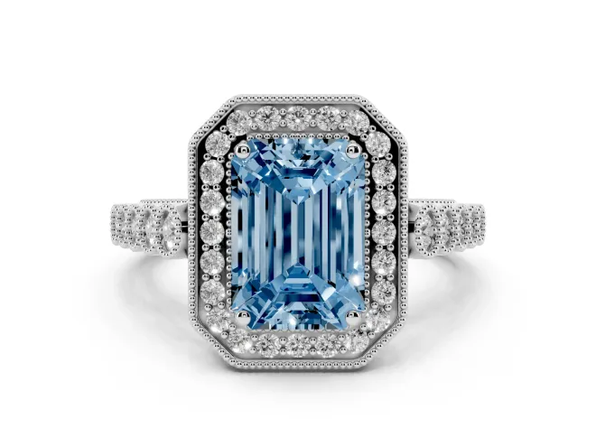 Fancy Blue Emerald Cut Diamond Milgrain Halo Solitaire Ring Set in Platinum with Bezel Set Side Stones and Pavé Band