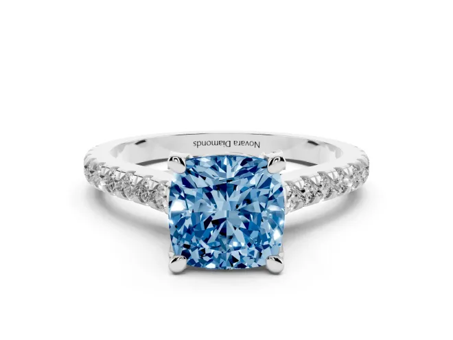 Cushion Cut Hidden Halo Pavé Engagement Ring Setting for a Fancy Blue Lab-Grown Diamond | Claw Prongs | Platinum