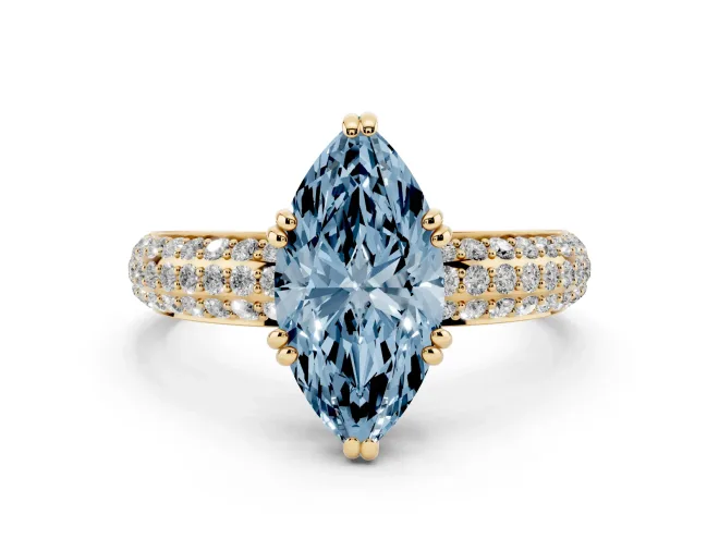 Fancy Blue Marquise Cut Diamond Solitaire Ring Set in Yellow gold with Multi-Row Round Pavé Band and Prong Setting