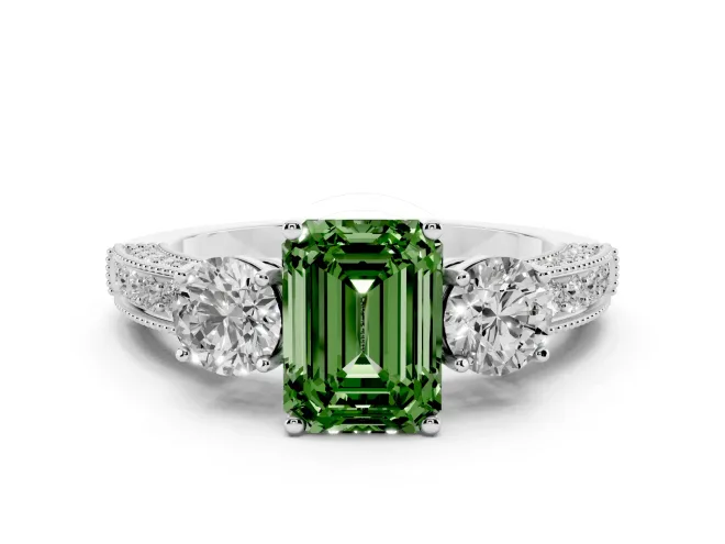 Fancy Green Emerald Cut Diamond Three-Stone Ring Set in Platinum with Round Side Stones and Pavé Band