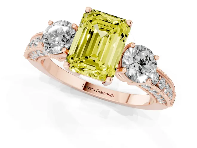 Fancy Yellow Emerald Cut Diamond Three-Stone Ring Set in Rose gold with Round Side Stones and Pavé Band – second view