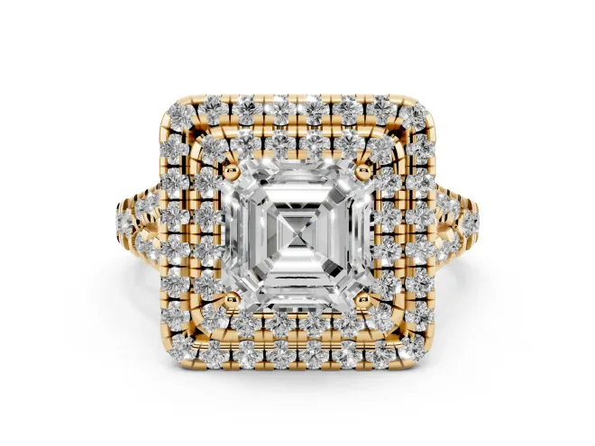Asscher Cut Diamond Double Halo Ring Set in Yellow gold with Pavé Split Shank and Prong Setting