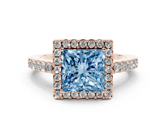 Princess Cut Halo Engagement Ring Setting for a Fancy Blue Lab-Grown Diamond | Single Row Pavé Band | Rose Gold
