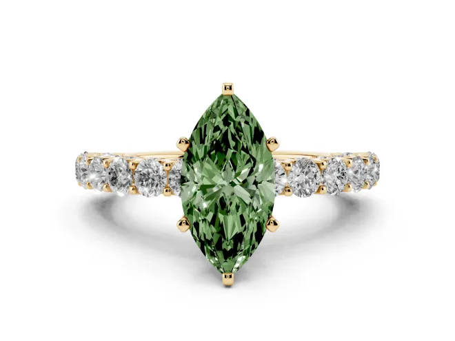 Fancy Green Marquise Cut Diamond Solitaire Ring Set in Yellow gold with Shared Prong Pavé Band