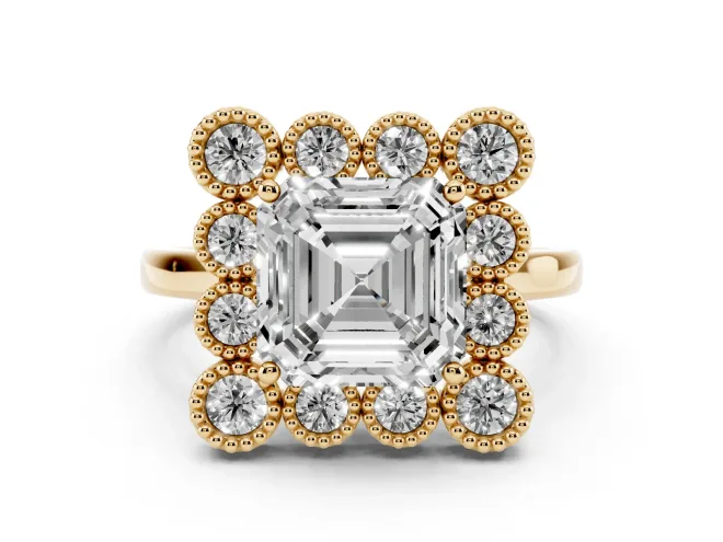 Asscher Cut Diamond Cluster Halo Ring Set in Yellow gold with Milgrain Bezel Accents and Plain Band