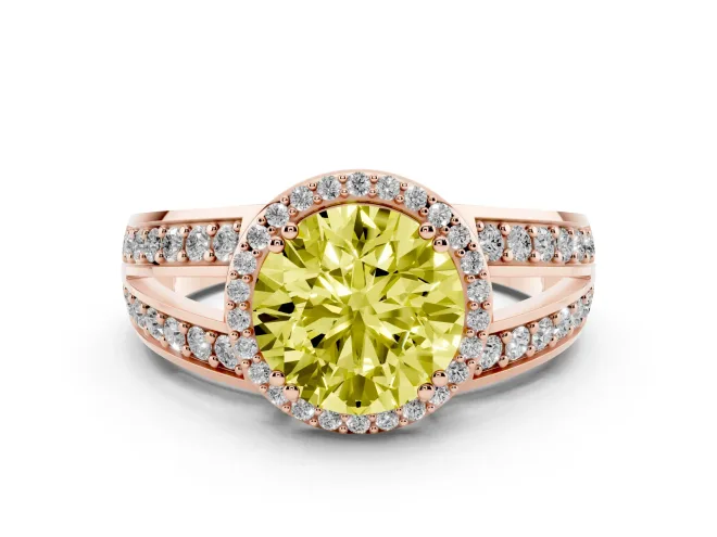Fancy Yellow Round Cut Diamond Halo Ring Set in Rose gold with Double Pavé Split Shank