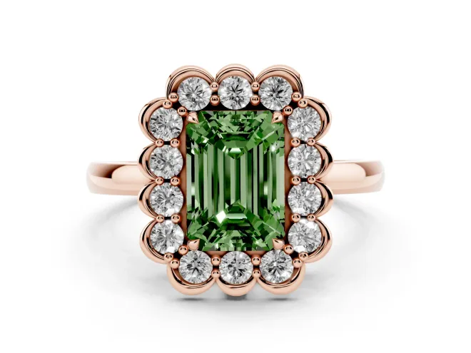 Emerald Cut Scalloped Cluster Halo Engagement Ring Setting for a Fancy Green Lab-Grown Diamond | Plain Band | Rose Gold